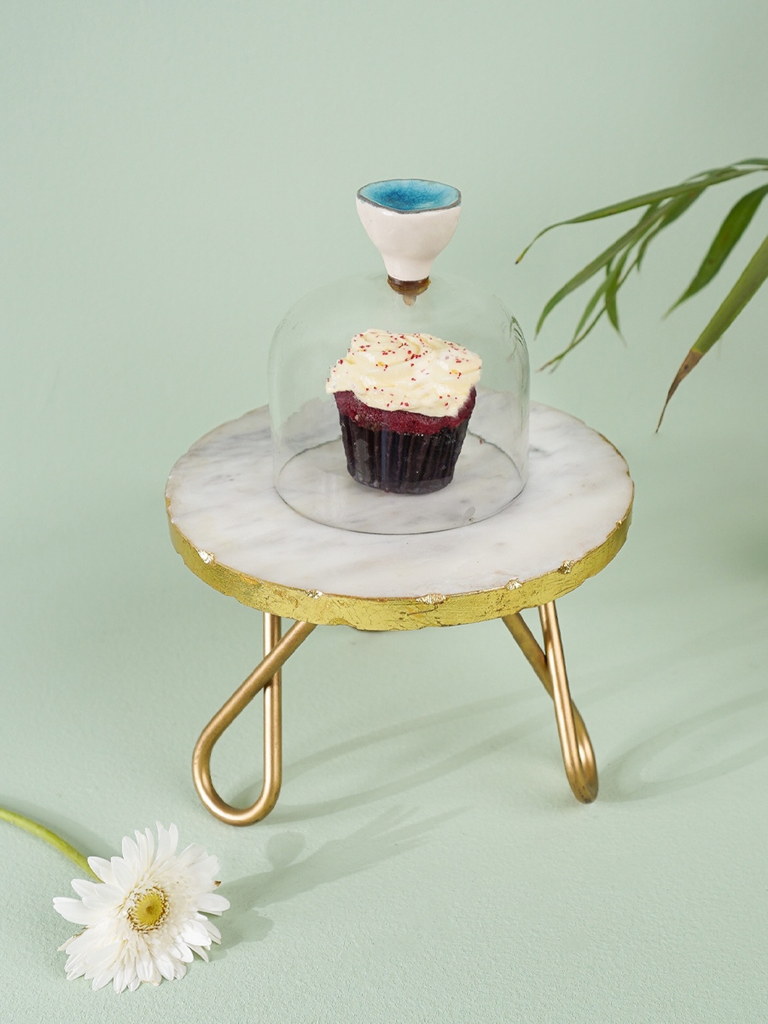 

CASA DECOR White & Gold Toned Solid Marble Cake Stand