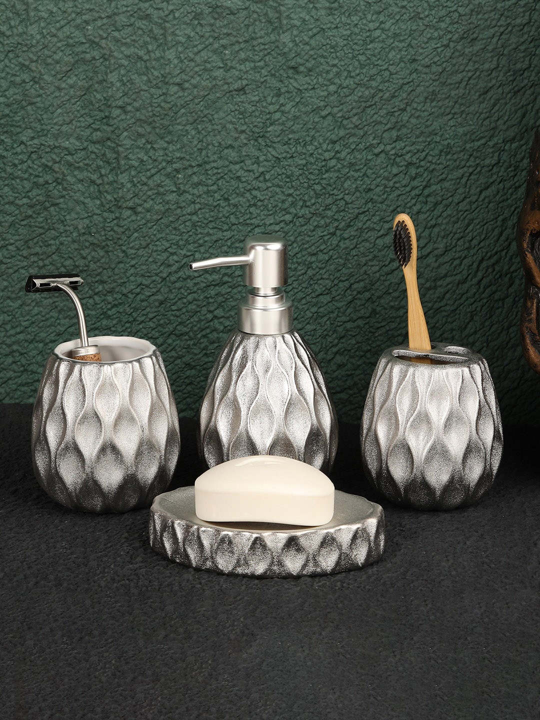 

ROMEE 4 Pieces Silver Textured Ceramic Bathroom Accessories Set