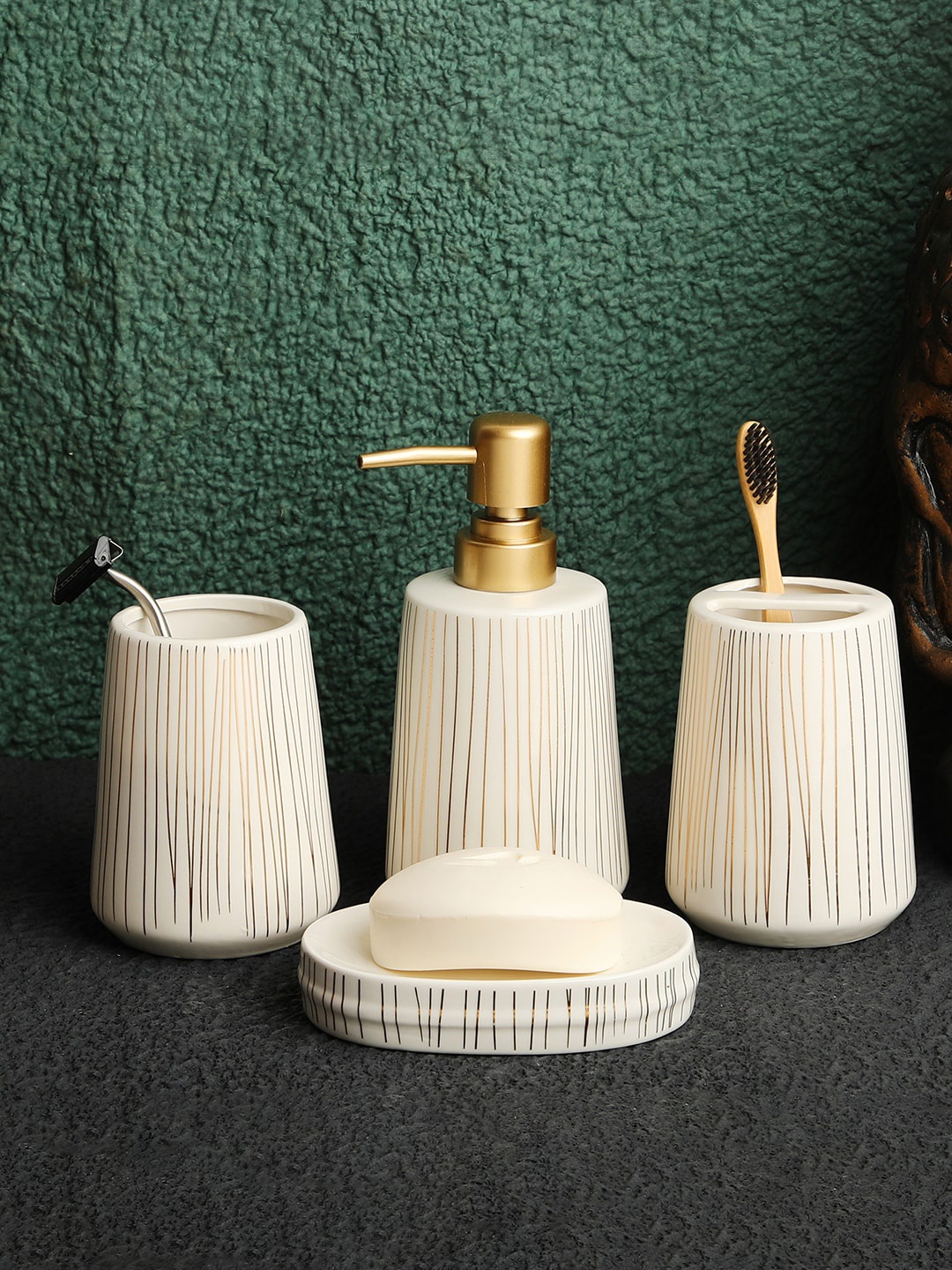 

ROMEE Set of 4 White & Gold-Toned Textured Ceramic Bathroom Accessories