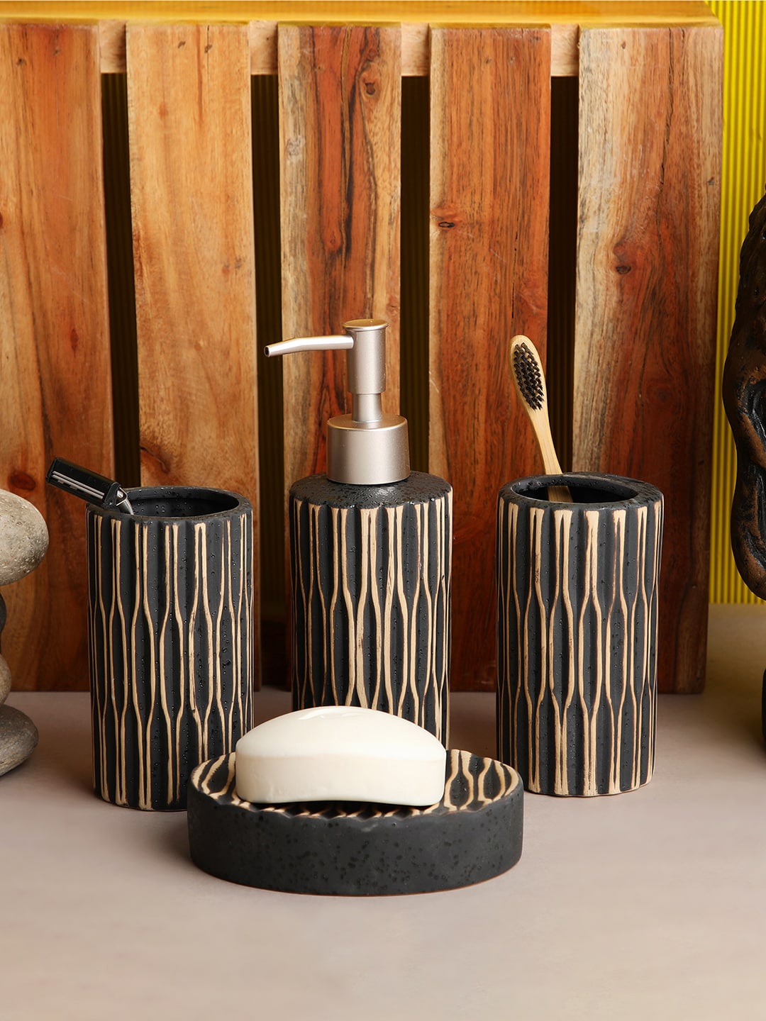 

ROMEE Set Of 4 Black & Brown Geometric Printed Ceramic Bathroom Accessories