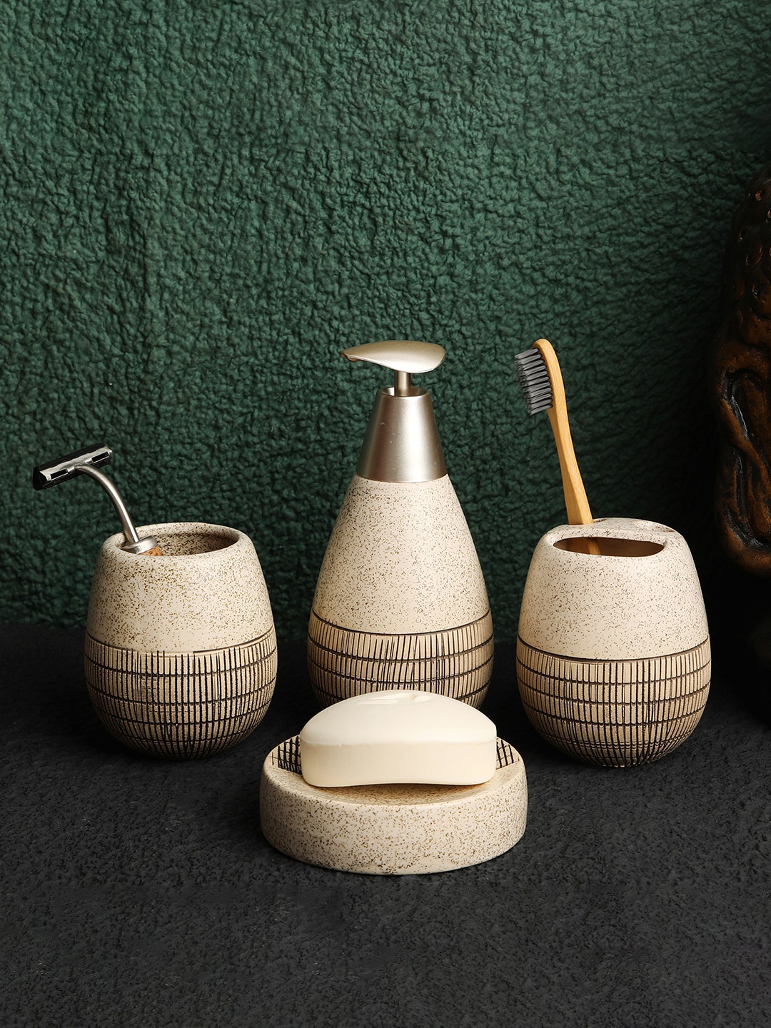 

ROMEE Set Of 4 Beige & Cream Textured Bathroom Accessories