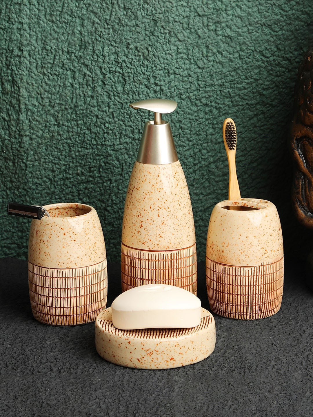 

ROMEE Set of 4 Beige Textured Ceramic Bathroom Accessories