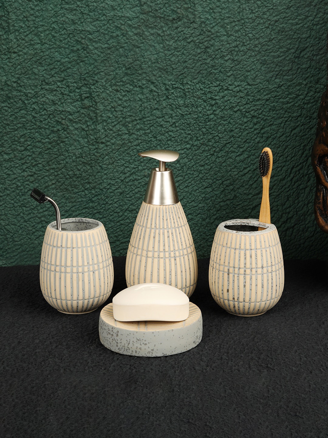 

ROMEE 4 Pieces Beige Textured Ceramic Bathroom Accessories Set