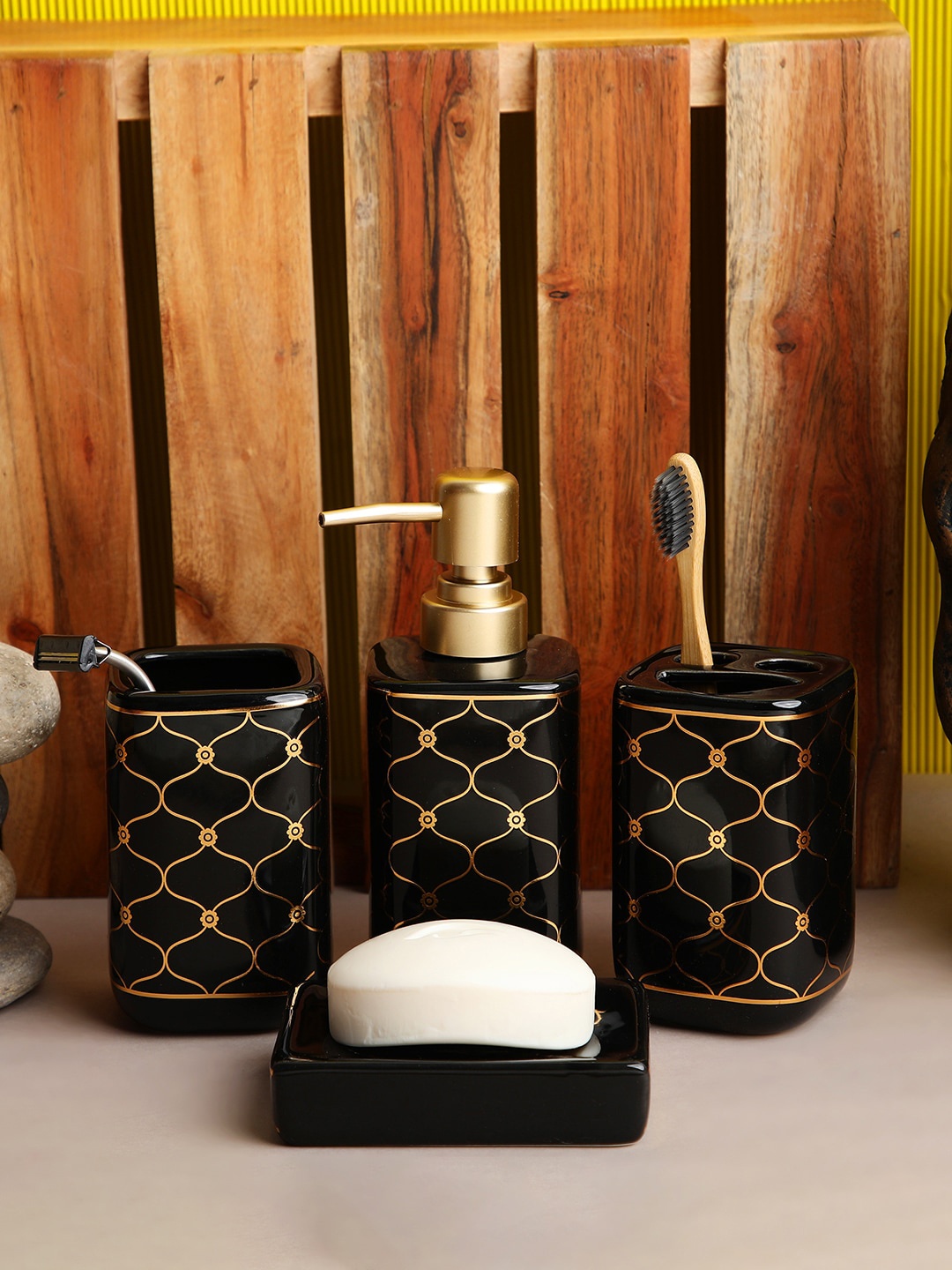 

ROMEE Black & Gold-Toned Ceramic Bathroom Accessories Set