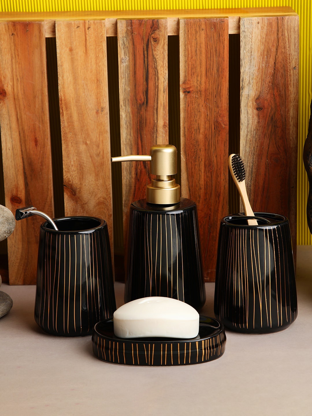 

ROMEE Set Of 4 Black Striped Bath Accessories