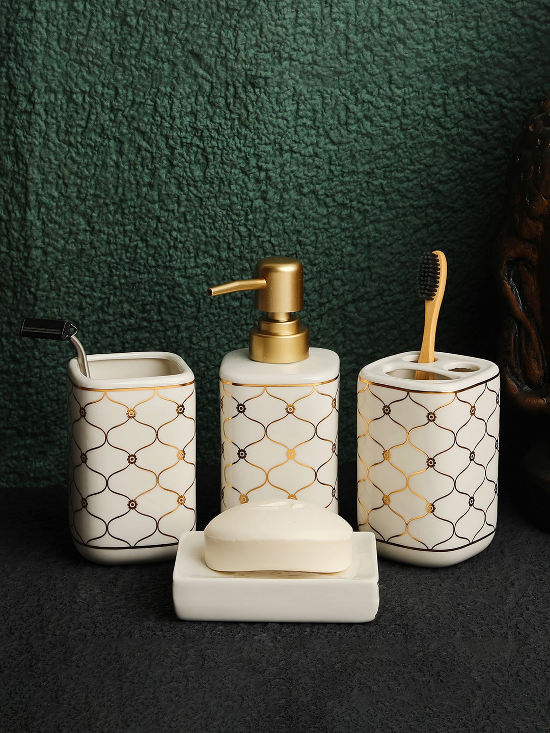 

ROMEE White &Gold-Toned Ceramic Bathroom Accessories Set