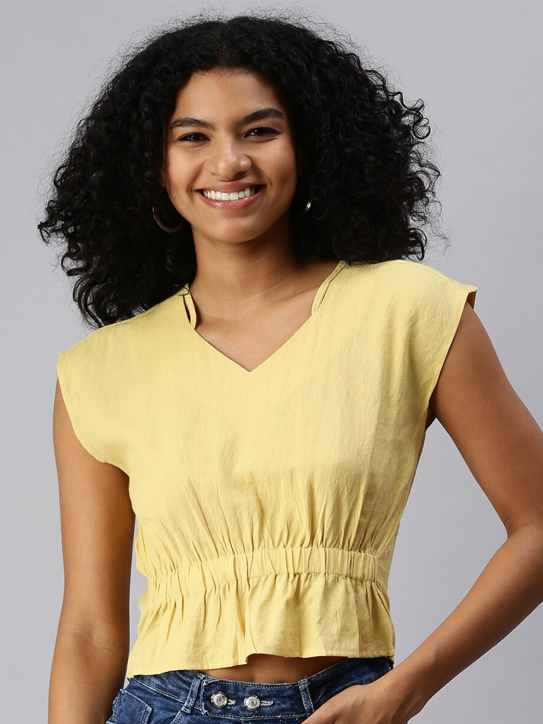 

SHOWOFF Yellow & cookies and cream Cinched Waist Crop Top