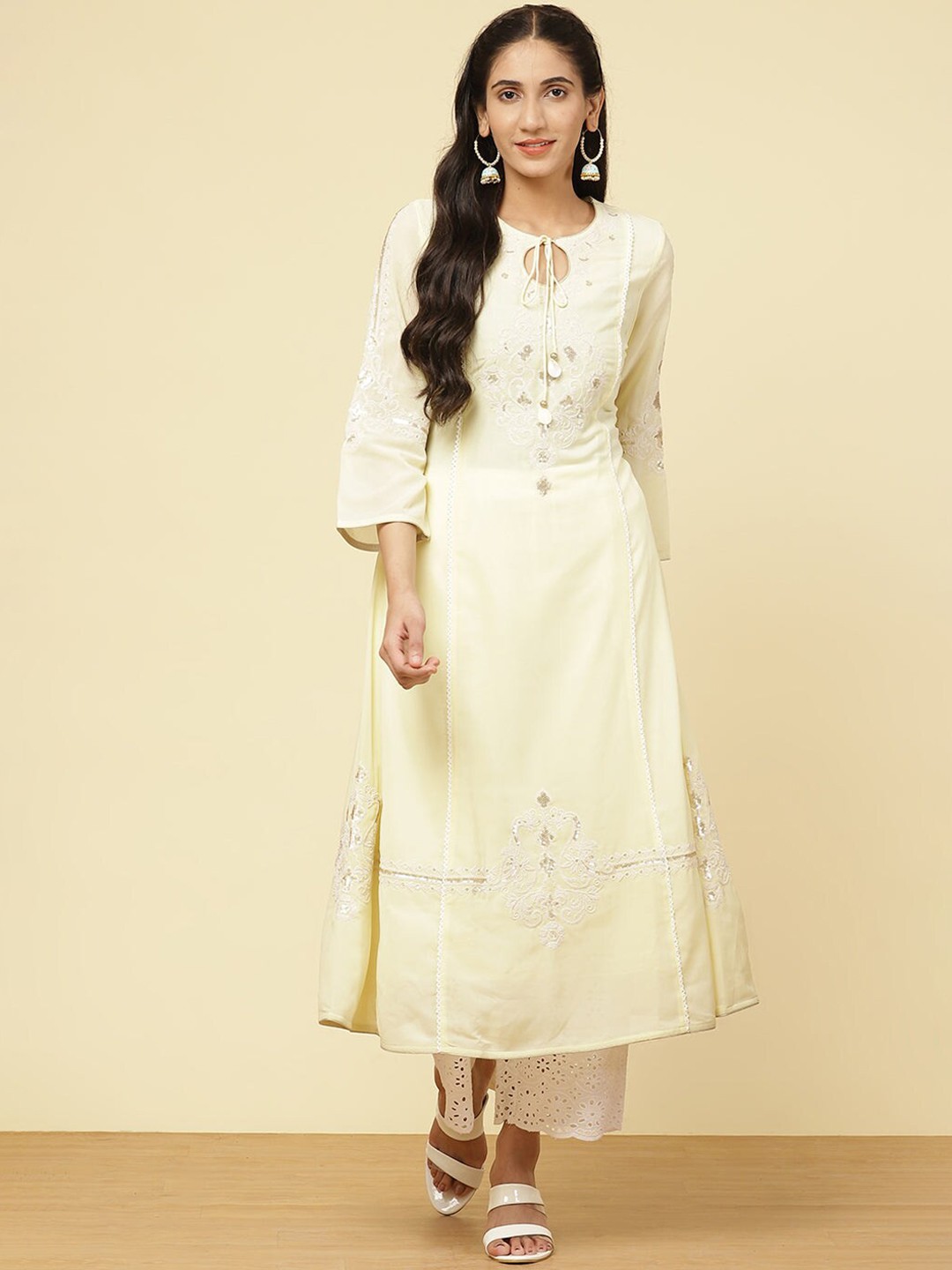 

Lakshita Women Mustard Yellow & sylvan green Embroidered Keyhole Neck Crepe Kurta