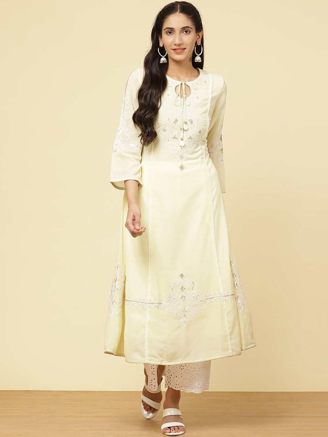 

Lakshita Women Mustard Yellow Embroidered Keyhole Neck Crepe Kurta