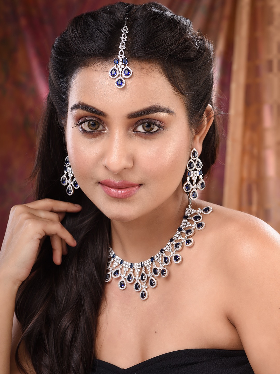 

Saraf RS Jewellery Silver-Plated Blue AD Studded Statement Jewellery Set