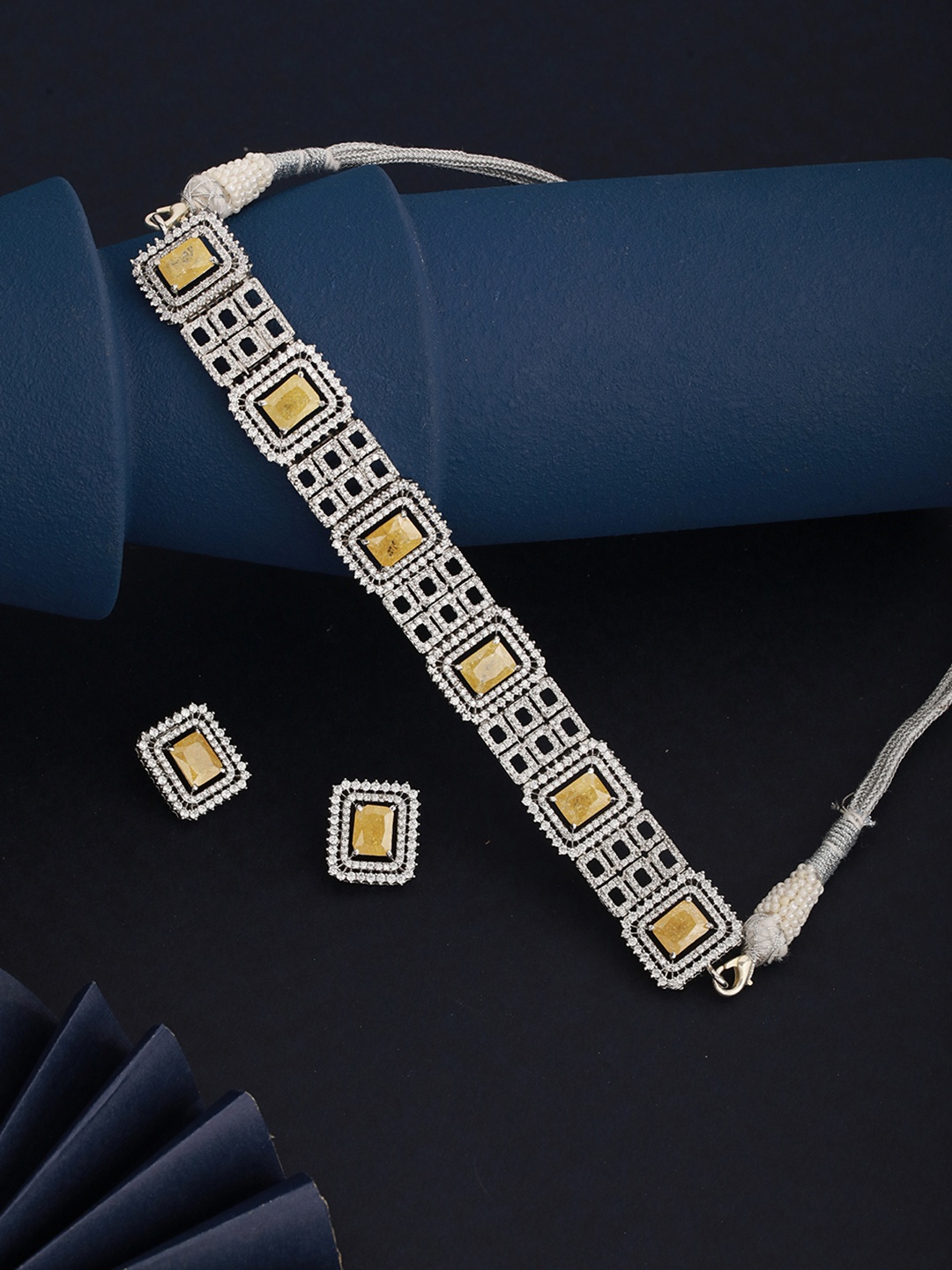 

Saraf RS Jewellery Silver-Plated Yellow AD Embellished Sleek Choker Jewelry Set