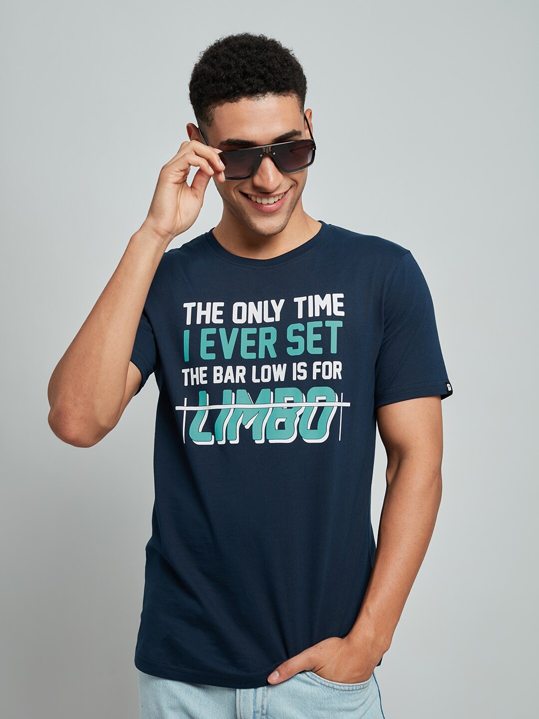 

The Souled Store Men Navy Blue & dark gunmetal Typography Printed T-shirt