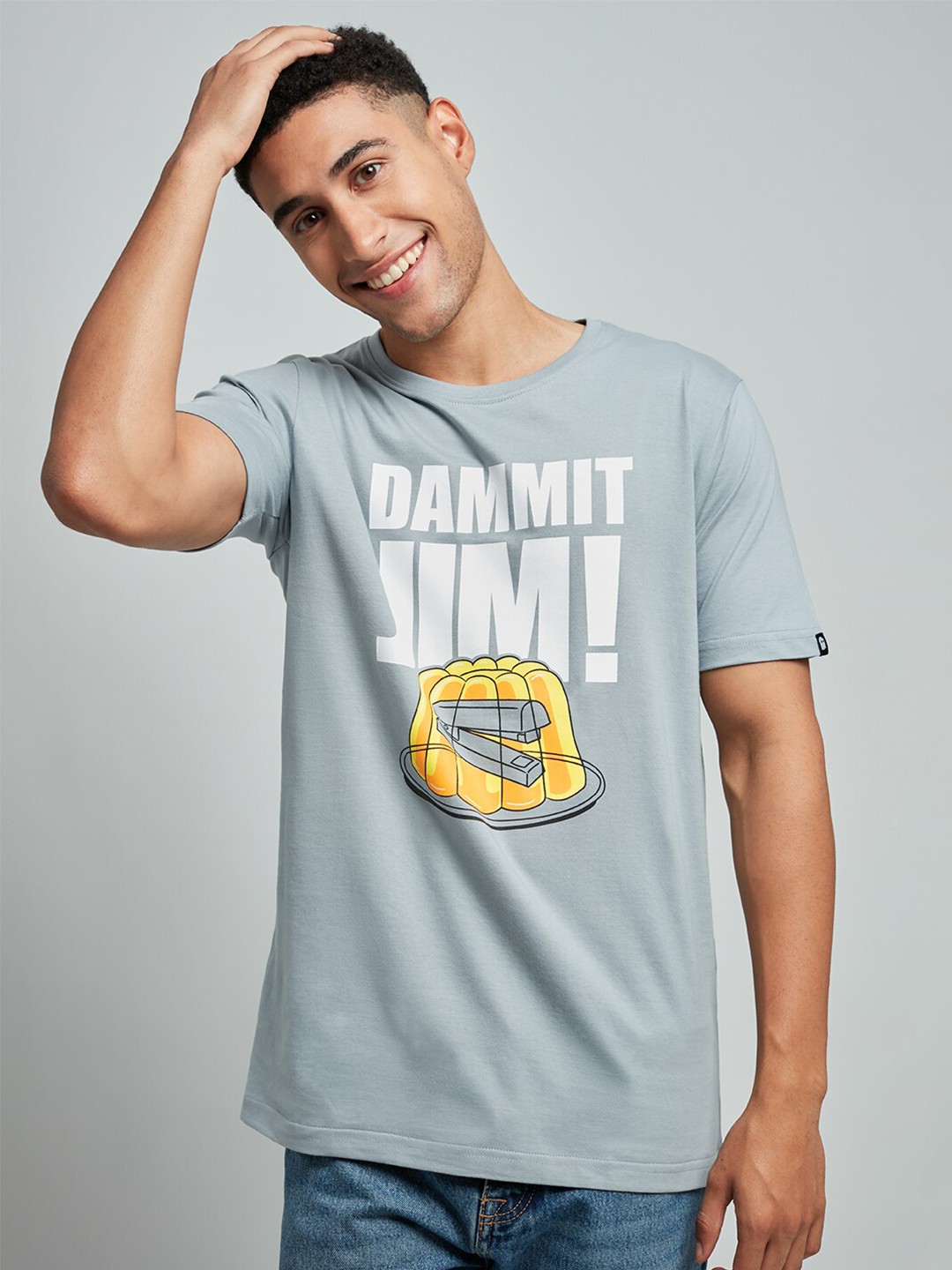 

The Souled Store Men Grey & chambray Typography Printed Applique T-shirt