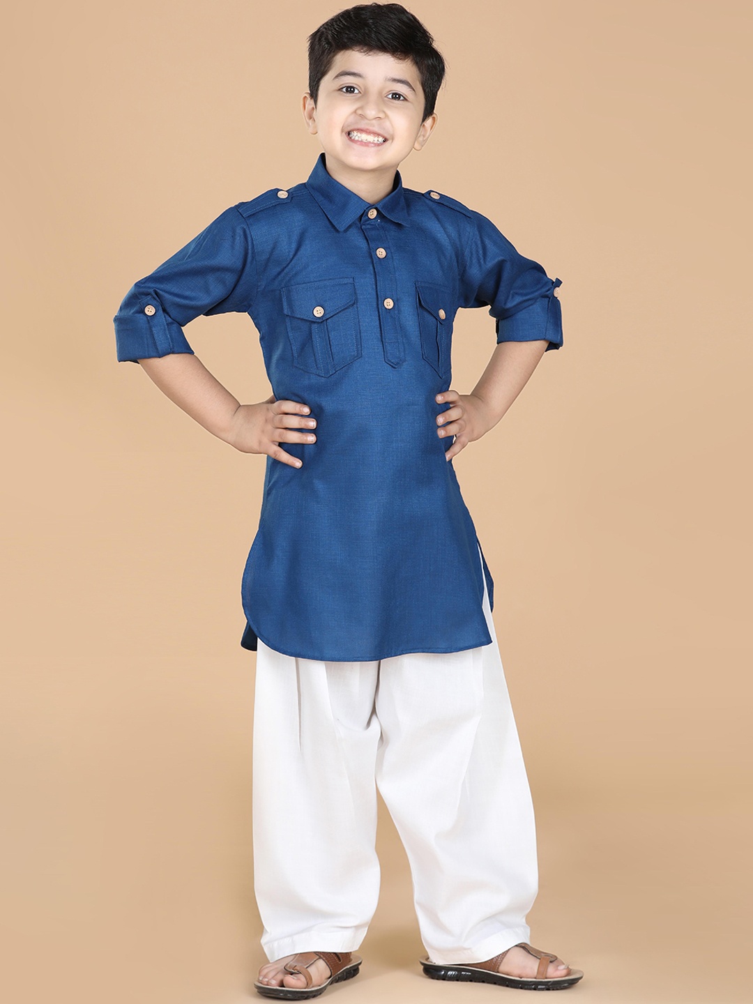 

Aj DEZInES Boys Blue Thread Work Pure Cotton Kurta with Salwar