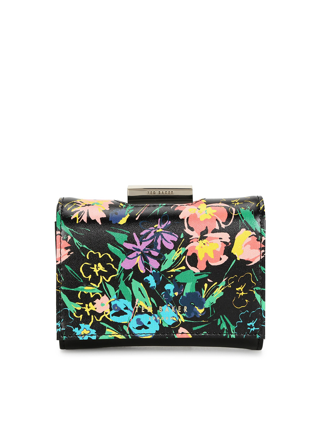 

Ted Baker Women Black & Green Floral Printed Leather Three Fold Wallet