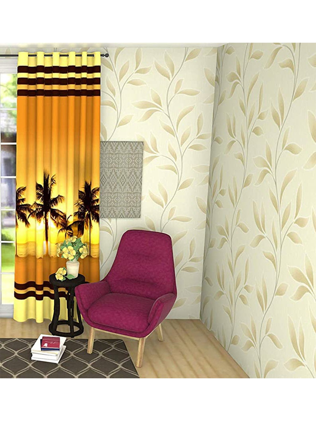

Lushomes Yellow & Black Floral Room Darkening Door Curtain