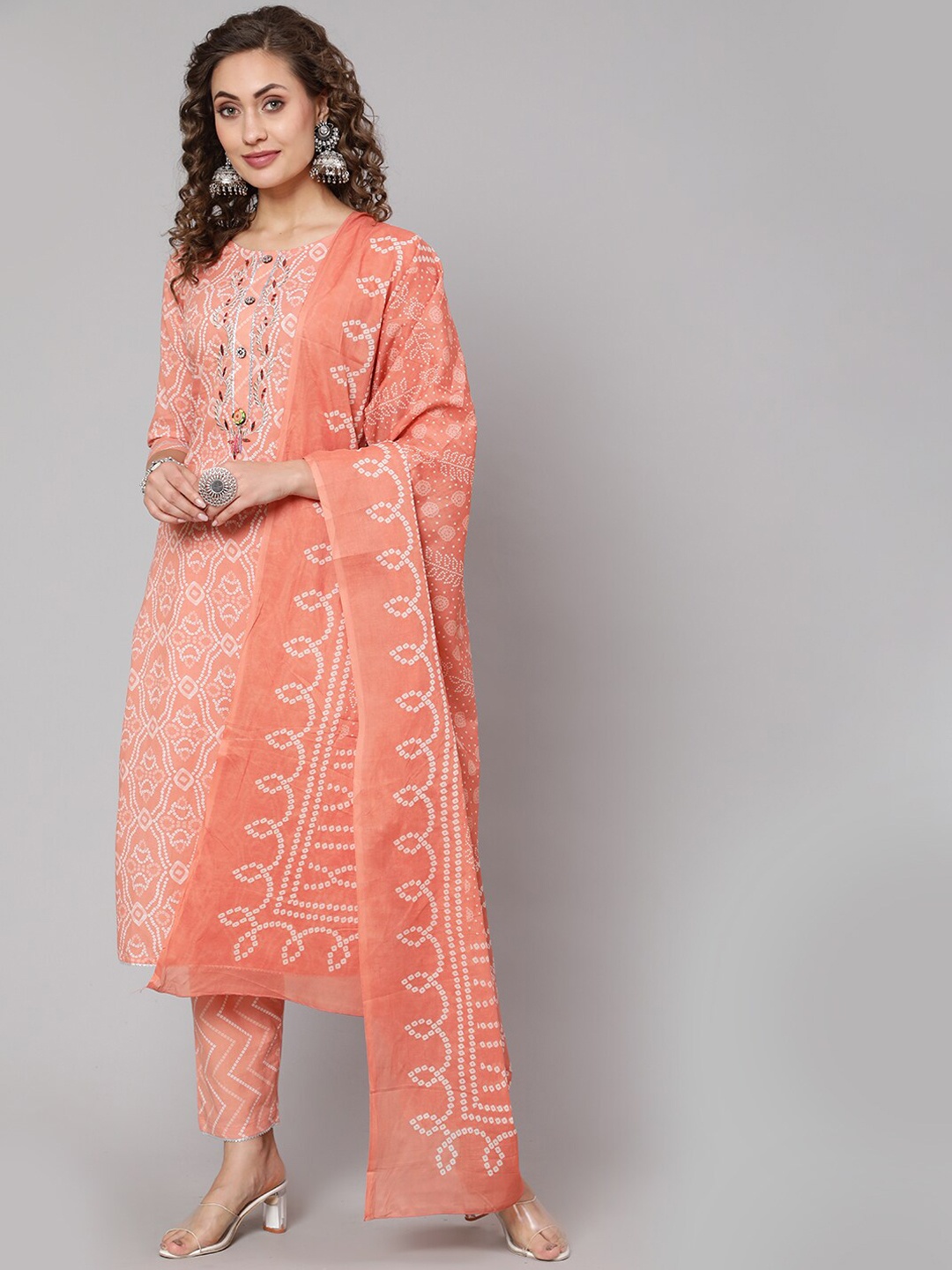 

THE NKS PLUS Women Peach-Coloured Ethnic Motifs Printed Panelled Pure Cotton Kurta with Trousers & With