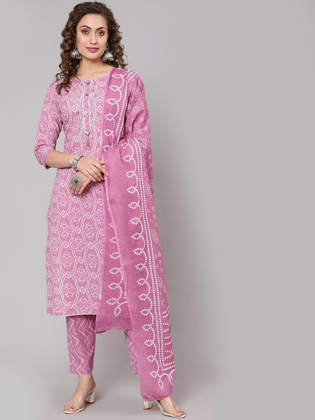 

THE NKS PLUS Women Purple Ethnic Motifs Embroidered Panelled Pure Cotton Kurti with Trousers & With Dupatta
