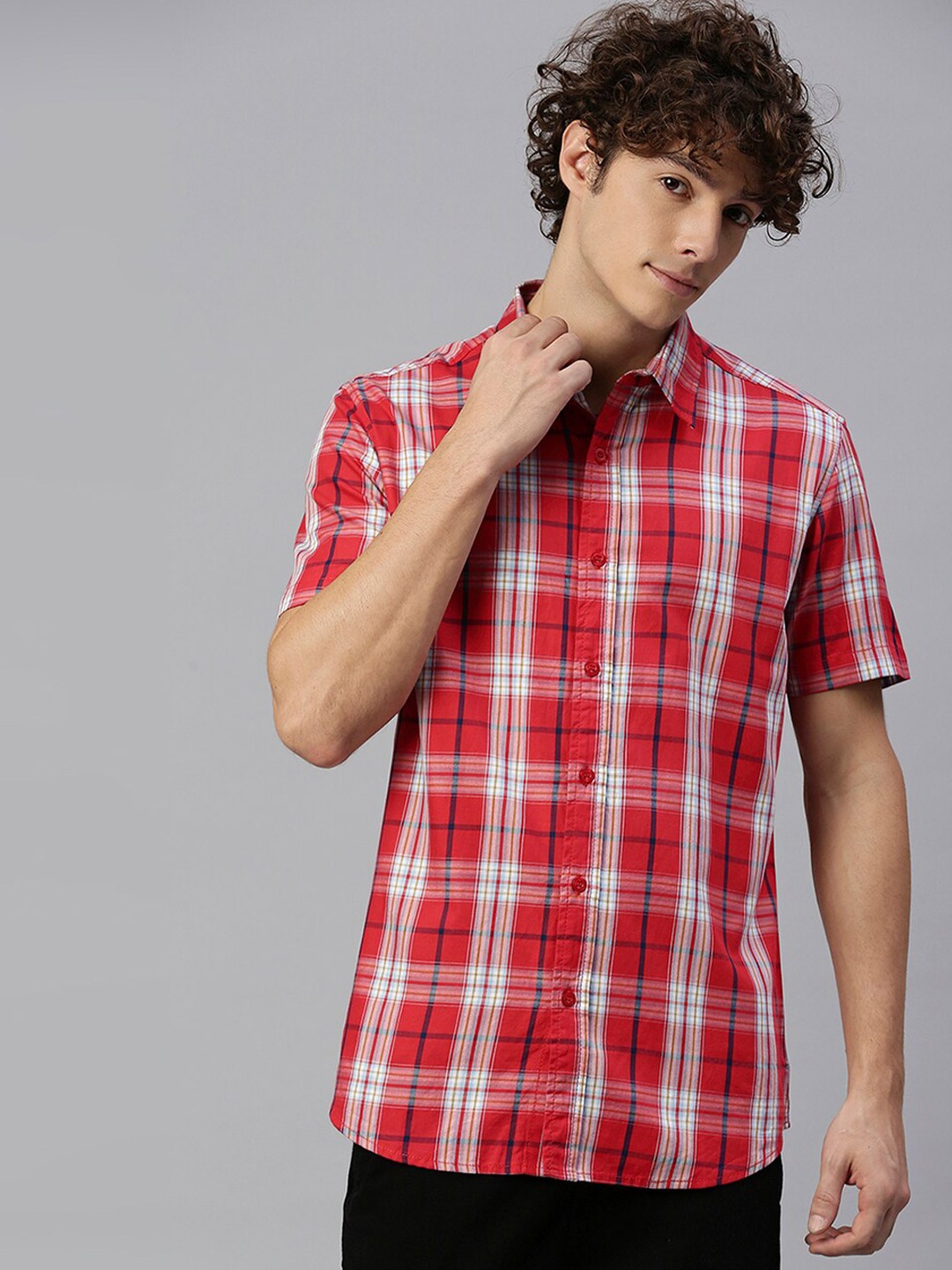 

High Star Men Red Slim Fit Tartan Checks Checked Casual Shirt