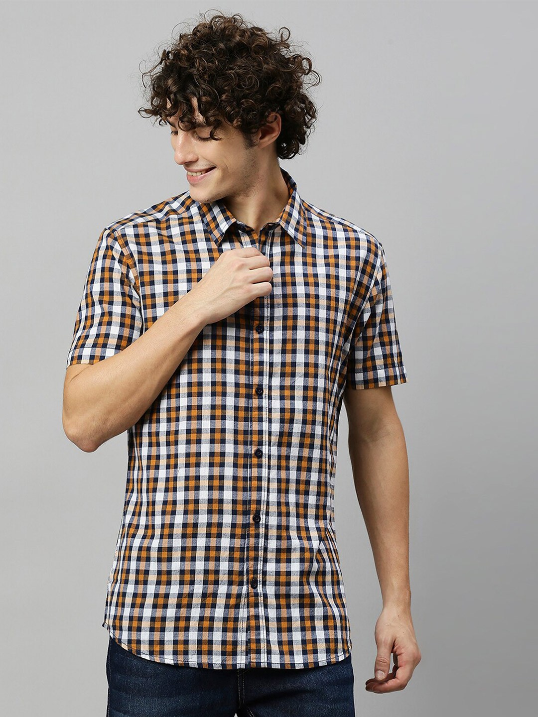 

High Star Men Orange Slim Fit Tartan Checks Checked Casual Shirt