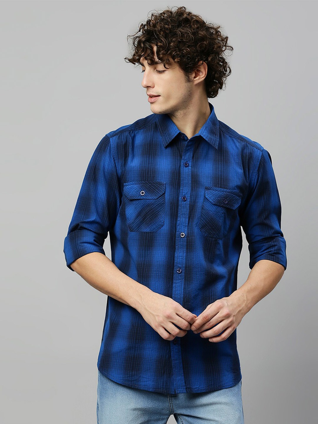 

High Star Men Blue Slim Fit Checked Casual Shirt