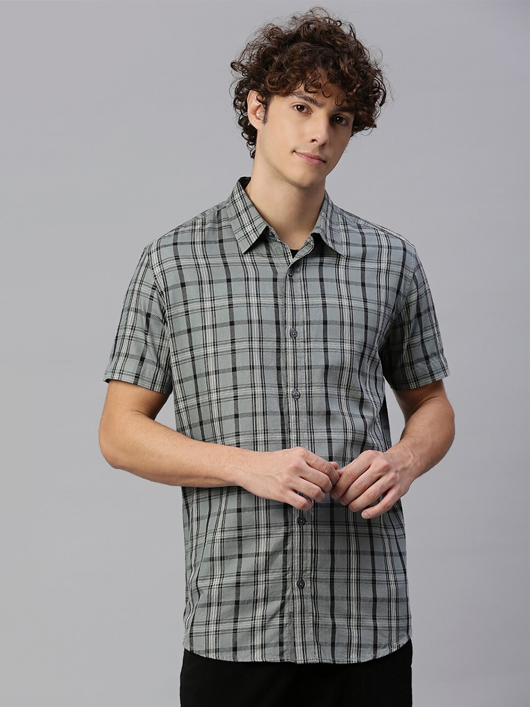 

High Star Men Grey Slim Fit Tartan Checks Checked Casual Shirt