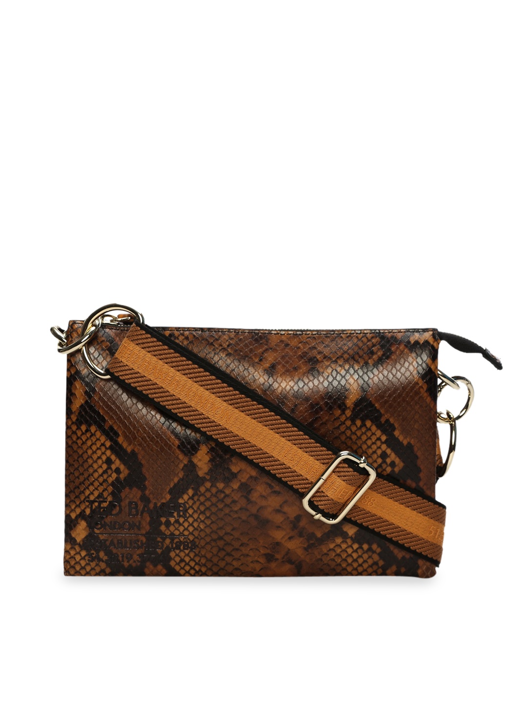 

Ted Baker Brown Animal Printed Leather Structured Sling Bag with Quilted