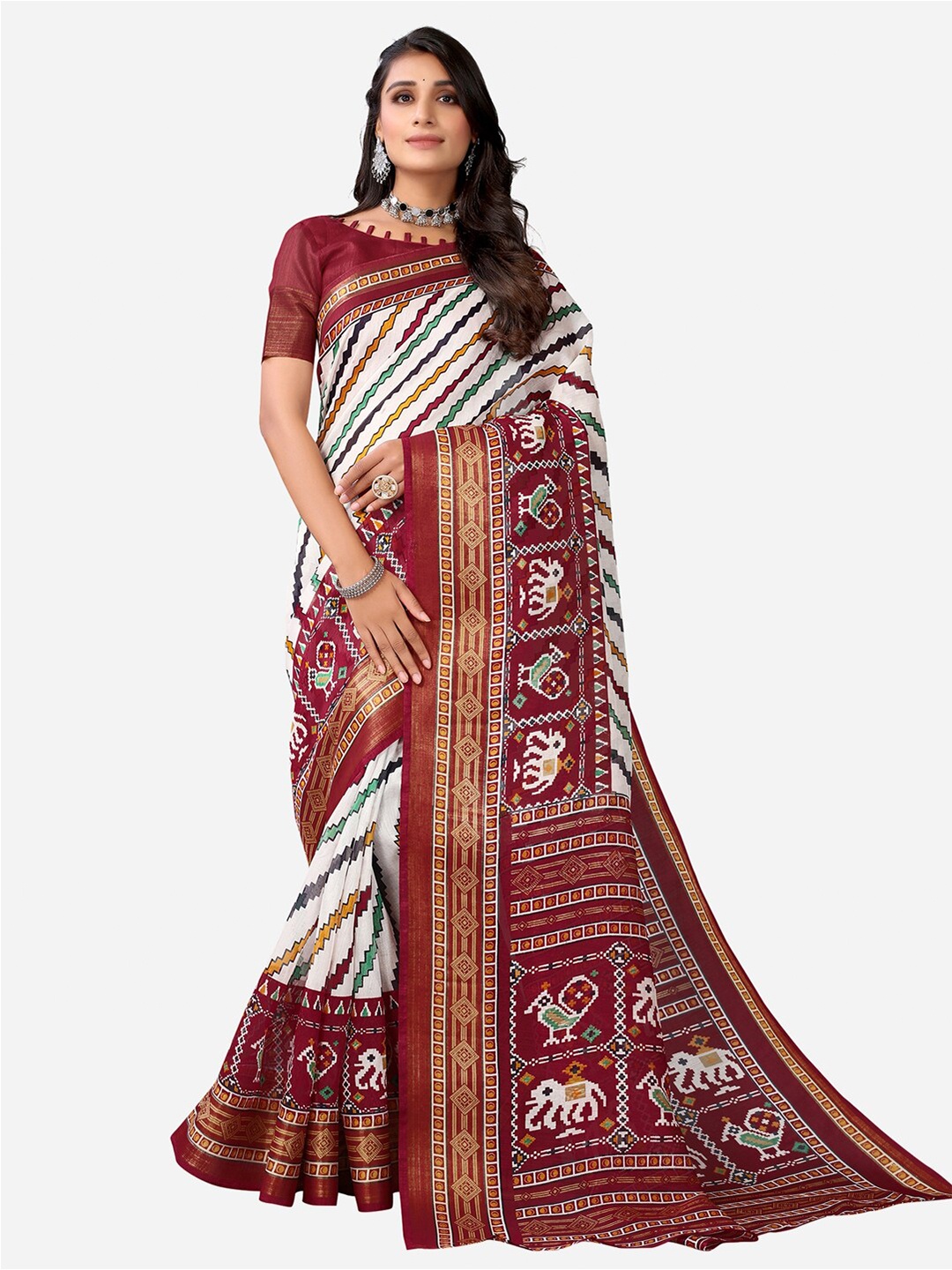 

KALINI Maroon & White Floral Leheriya Saree
