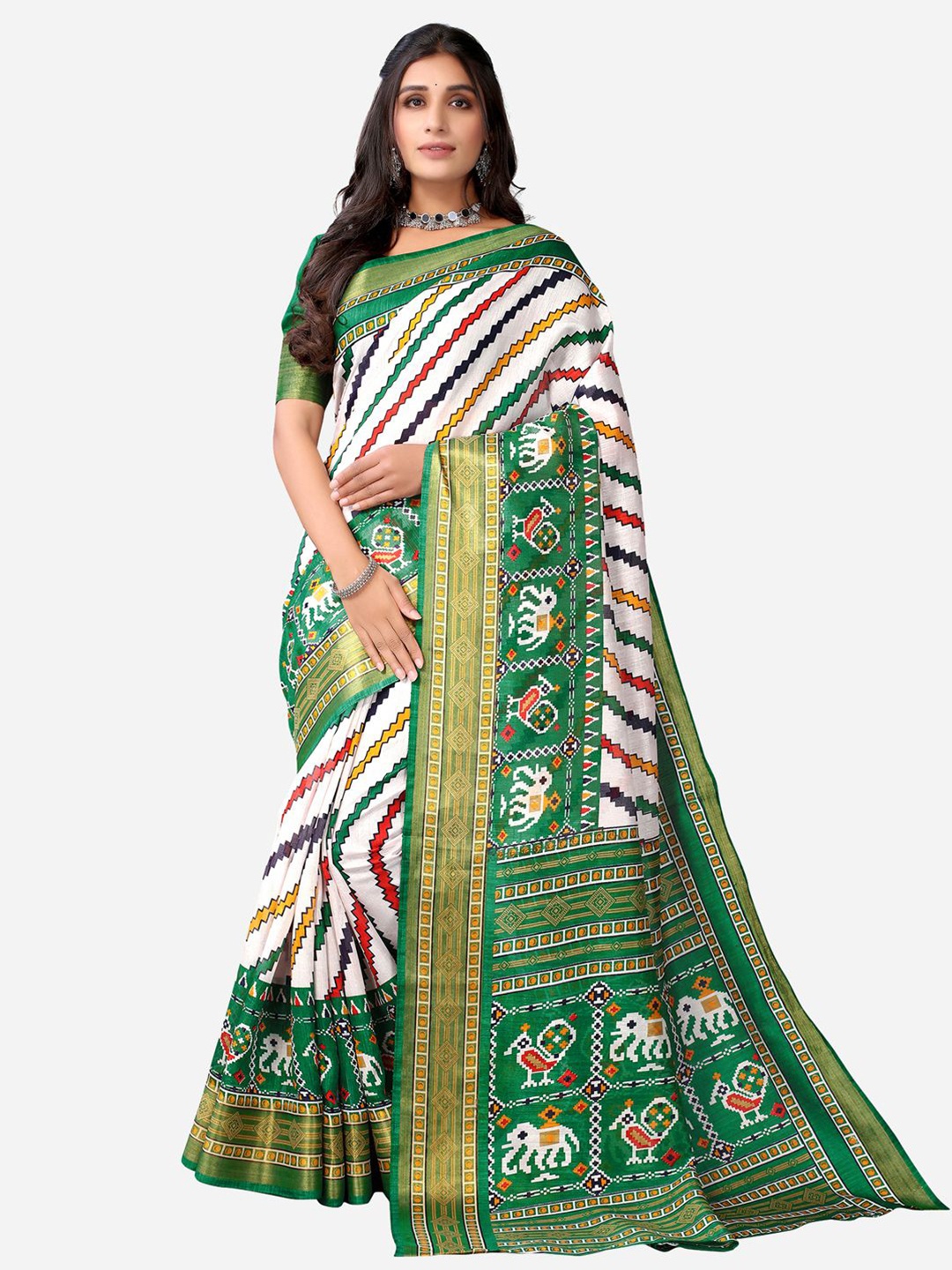 

KALINI Green & Red Leheriya Saree