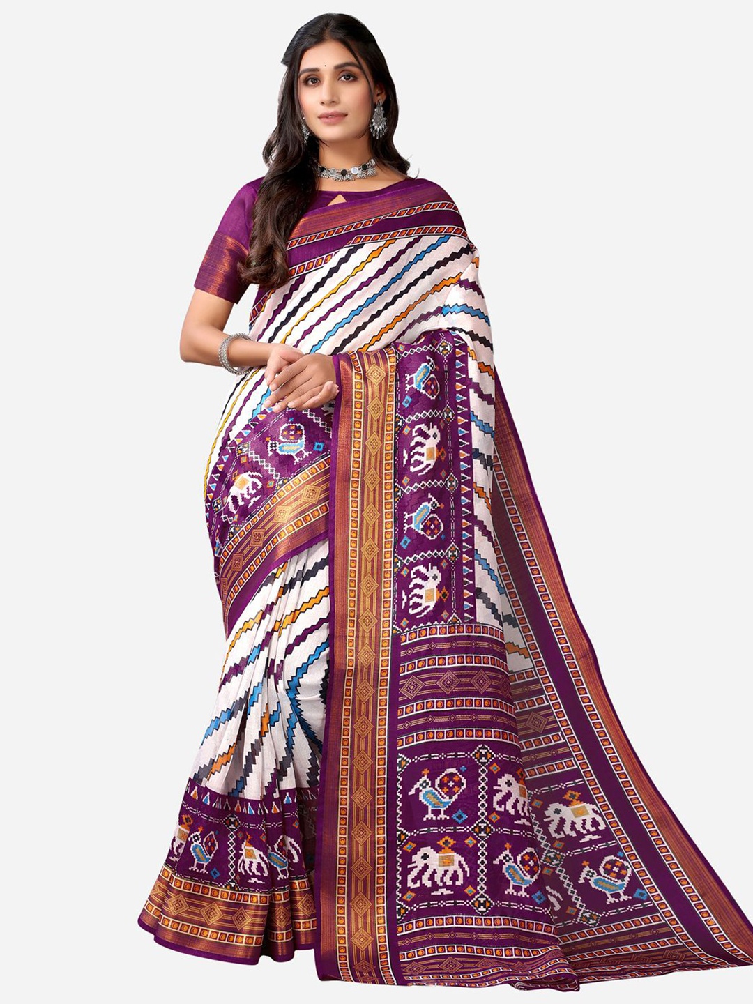 

KALINI Purple & White Striped Leheriya Saree