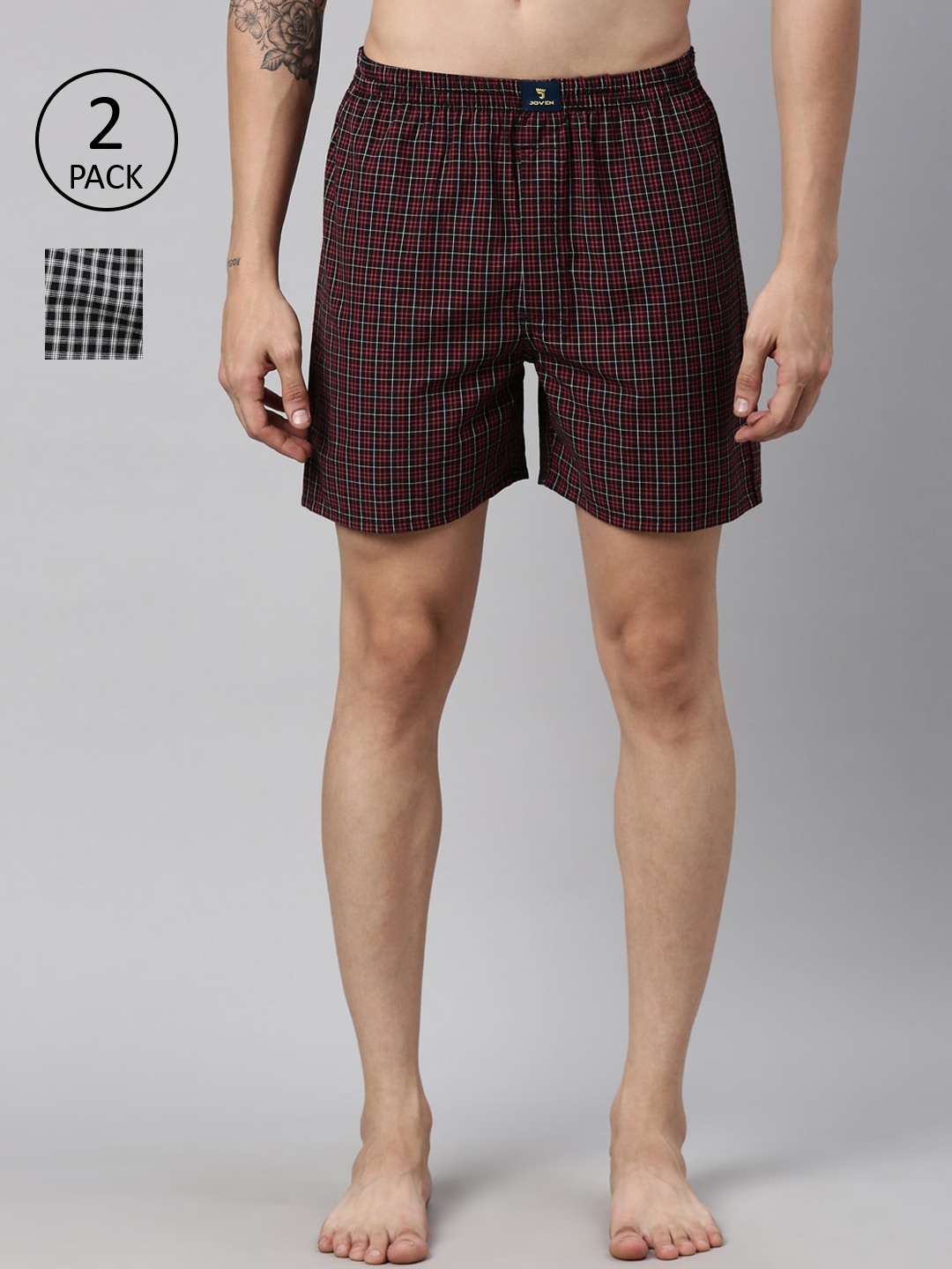 

Joven Men Pack Of 2 Black & Maroon Checked Cotton Boxers