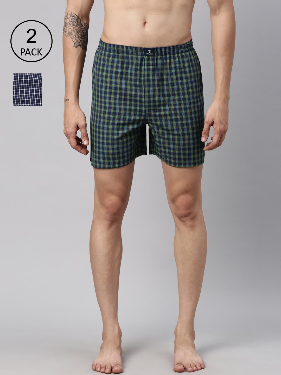 

Joven Men Pack of 2 Green & Blue Checked Pure Cotton Boxers