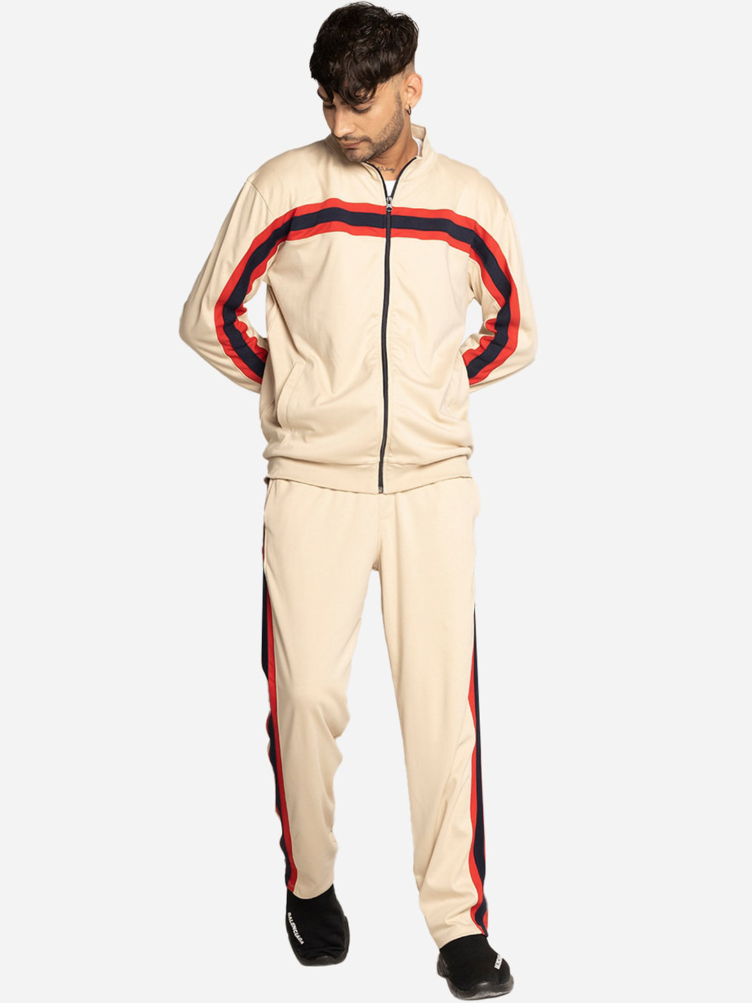 

EDRIO Men Beige Striped Cotton Tracksuits