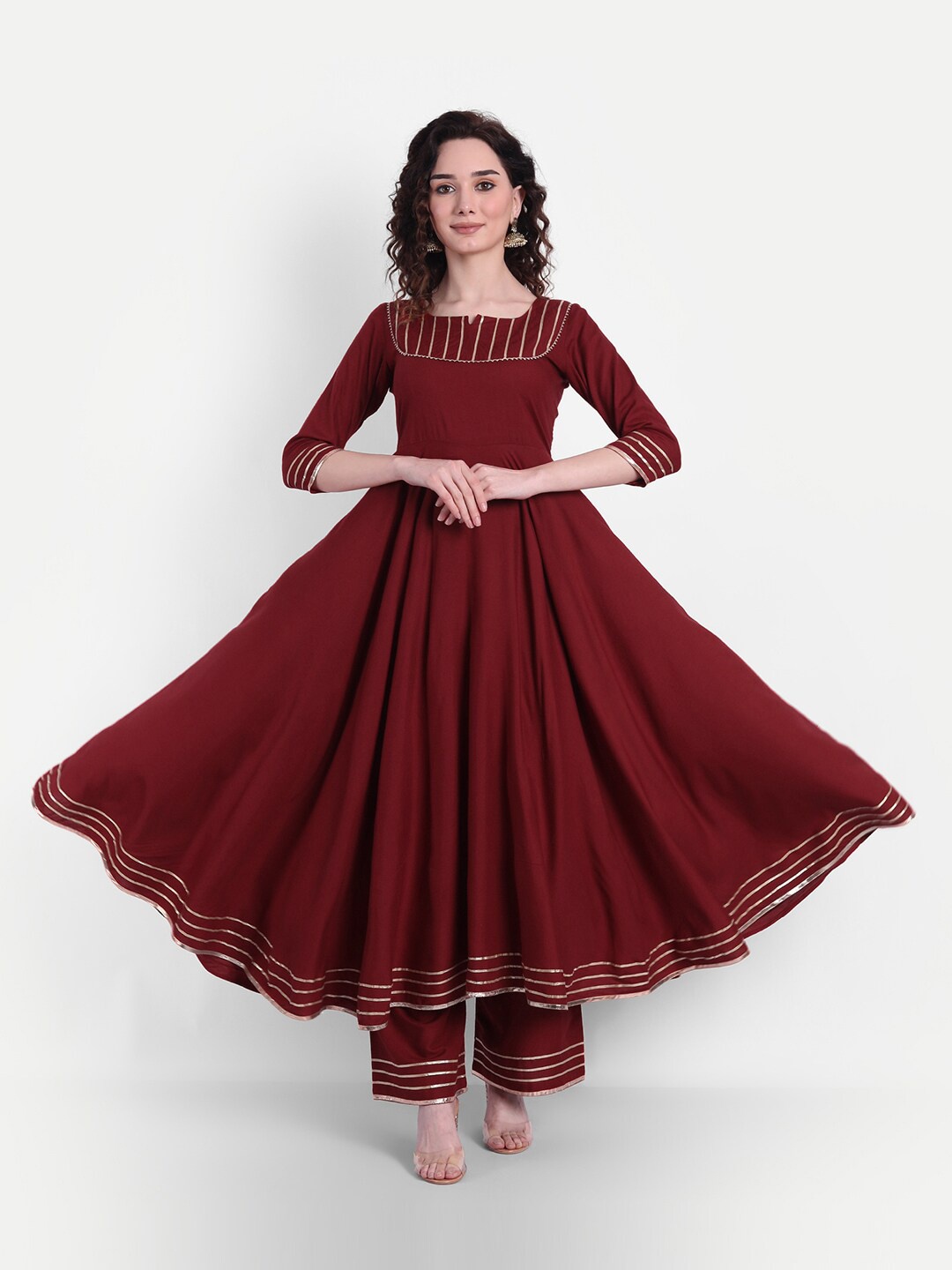 

Wyfees Women Maroon Gotta Patti Kurta with Churidar & With Dupatta