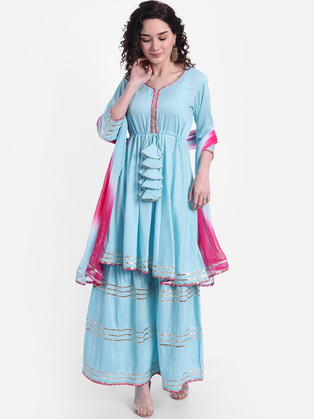 

Wyfees Women Blue Gotta Patti Kurta with Churidar & With Dupatta