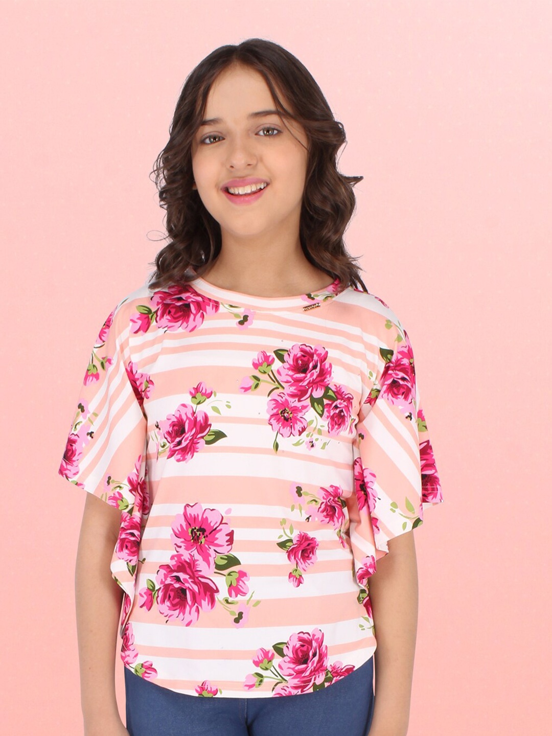 

CUTECUMBER Peach-Coloured Floral Print Applique Kaftan Top