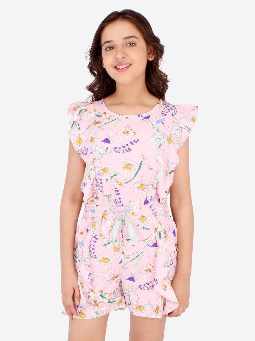

CUTECUMBER Girls Pink & Yellow Printed with Ruffles Jumpsuit