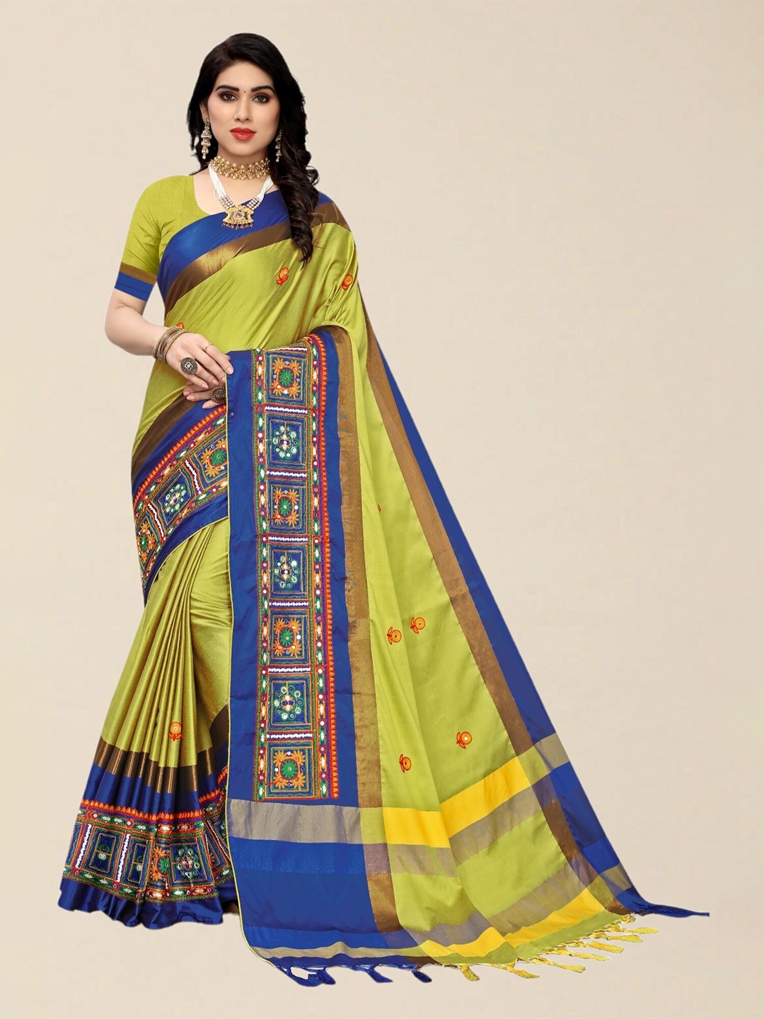 

SERONA FABRICS Lime Green & Blue Embellished Kutchi Embroidery Silk Cotton Saree
