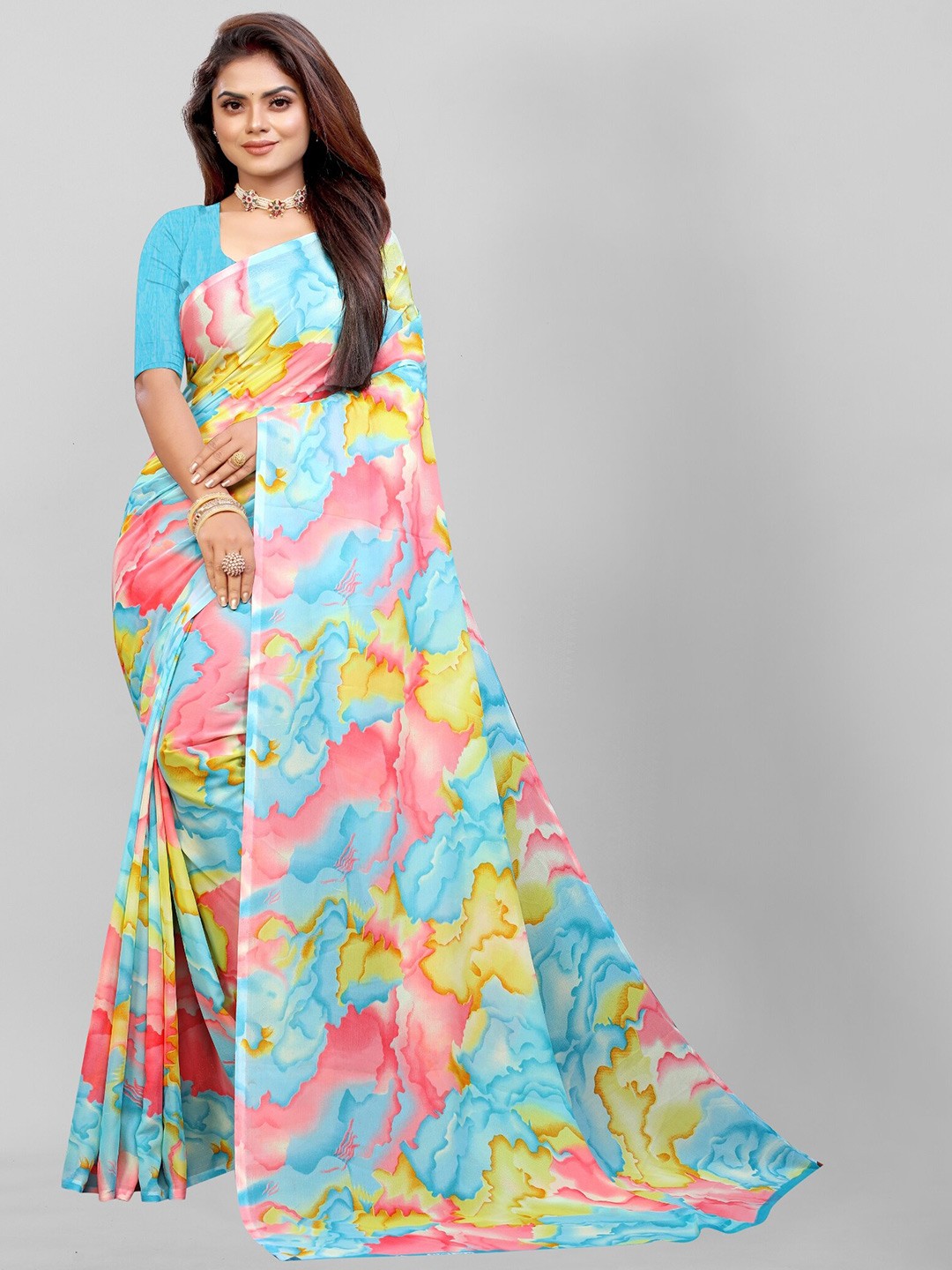 

APNISHA Red & Yellow Tie and Dye Pure Georgette Saree