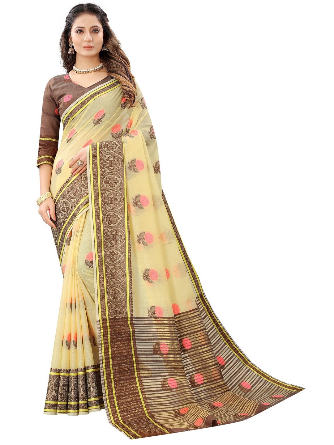 

Dhyey Fashion Cream-Coloured & Brown Floral Maheshwari Saree