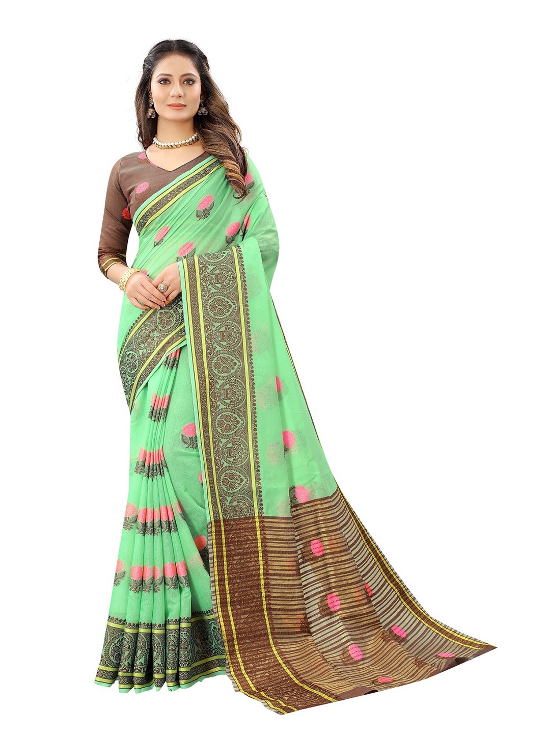 

Dhyey Fashion Green & Brown Floral Maheshwari Saree