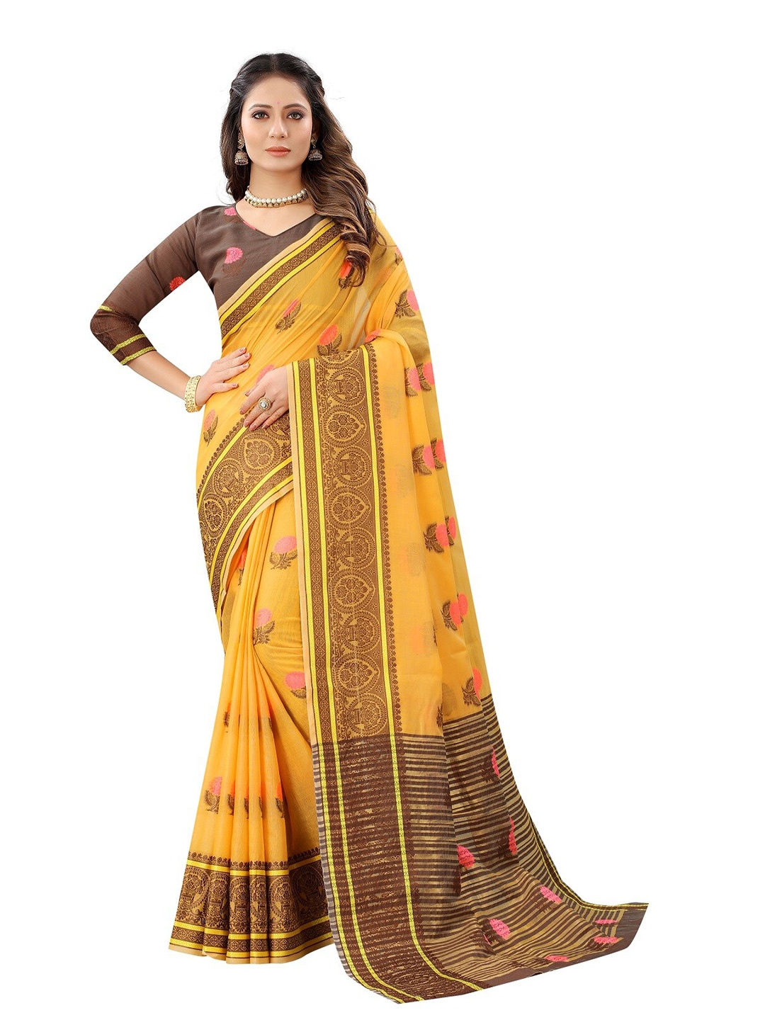 

Dhyey Fashion Yellow & Brown Floral Maheshwari Saree