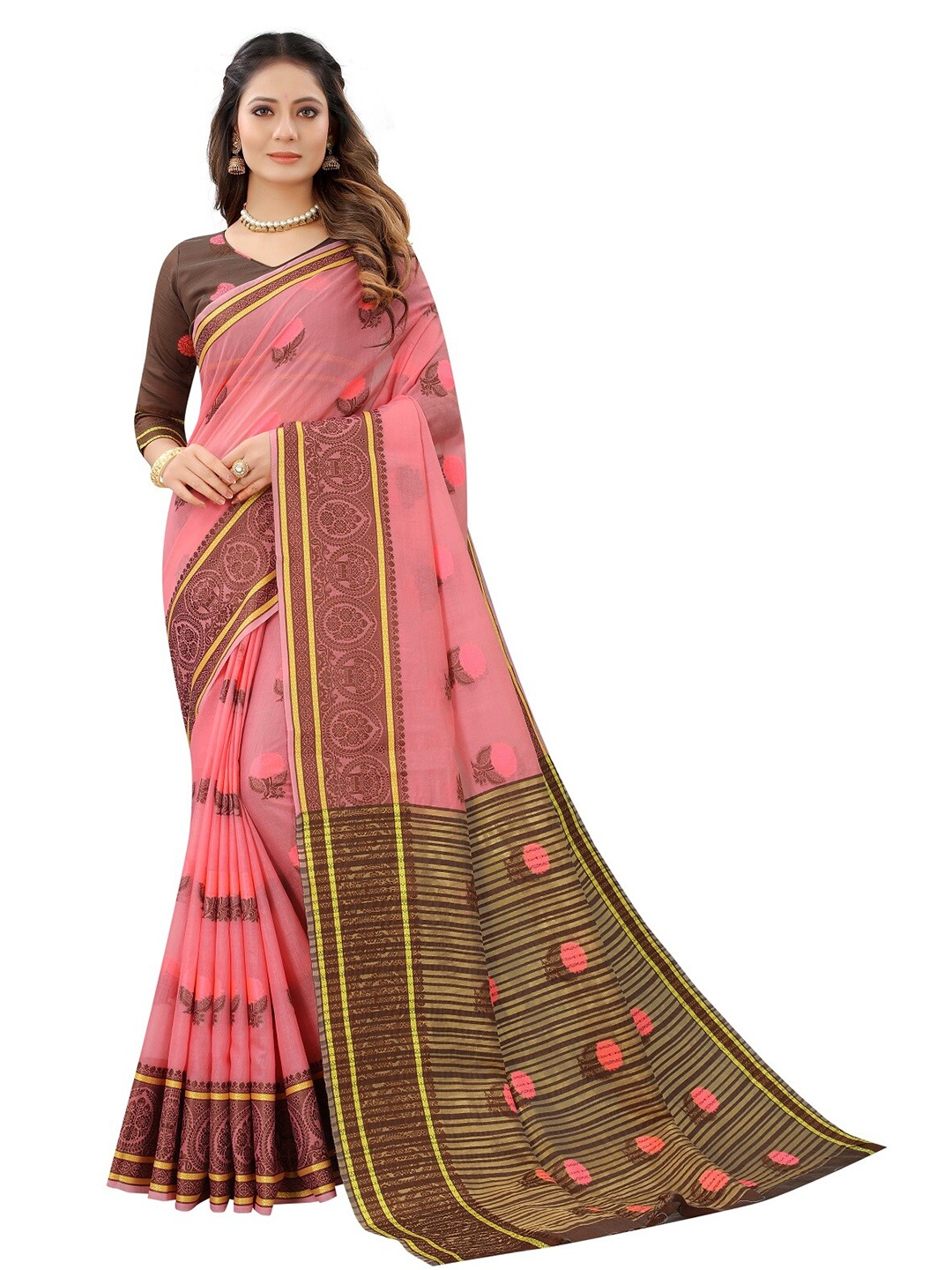 

Dhyey Fashion Peach-Coloured & Yellow Floral Maheshwari Saree