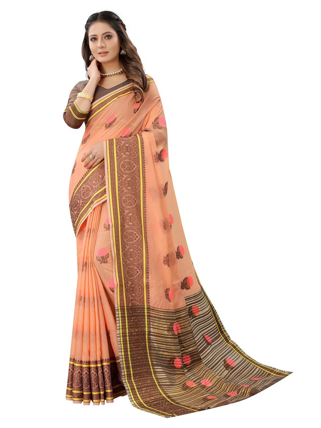 

Dhyey Fashion Orange & Brown Floral Maheshwari Saree