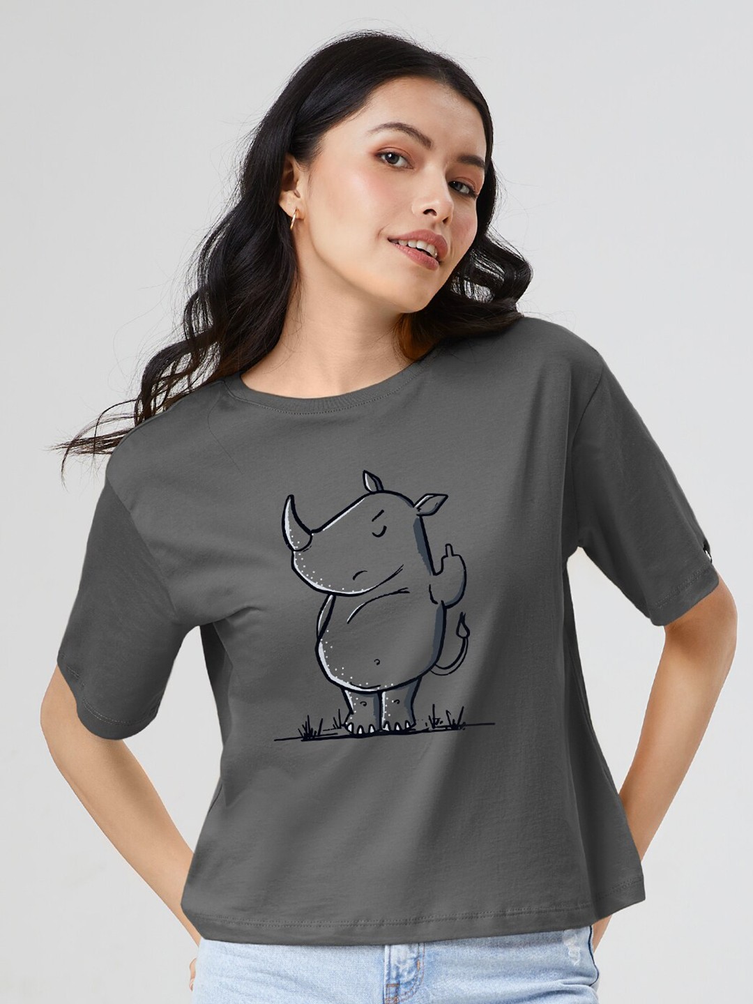 

The Souled Store Women Grey Save The Rhino Print Oversized T-Shirt, Steel