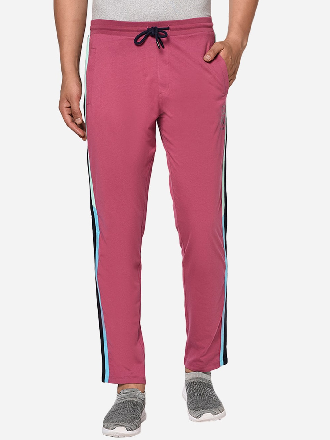 

EDRIO Men Rose-Coloured Striped Cotton Track Pants