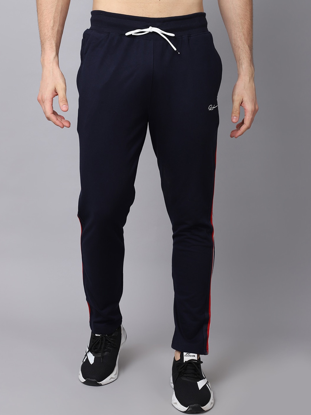 

Rodamo Men Navy Blue & Red Striped Cotton Track Pant