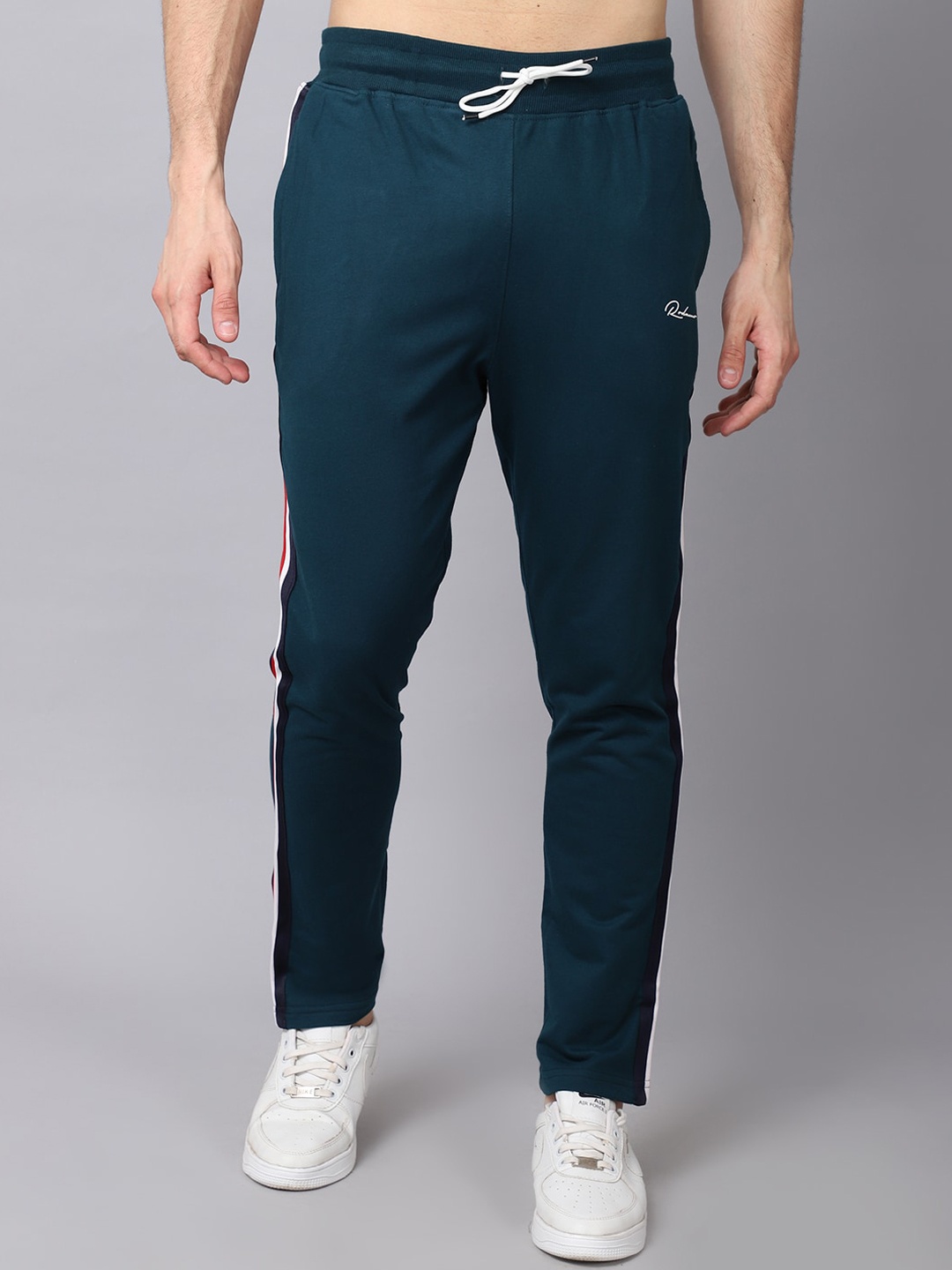 

Rodamo Men Teal Green Solid Slim Fit Track Pants With Side Stripes