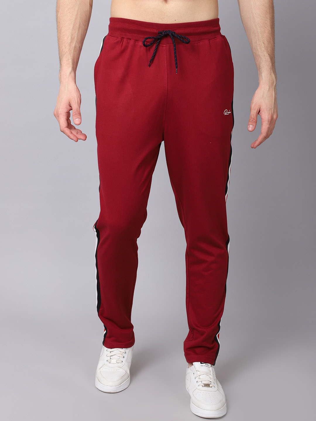 

Rodamo Men Maroon Striped Slim-Fit Cotton Trackpants