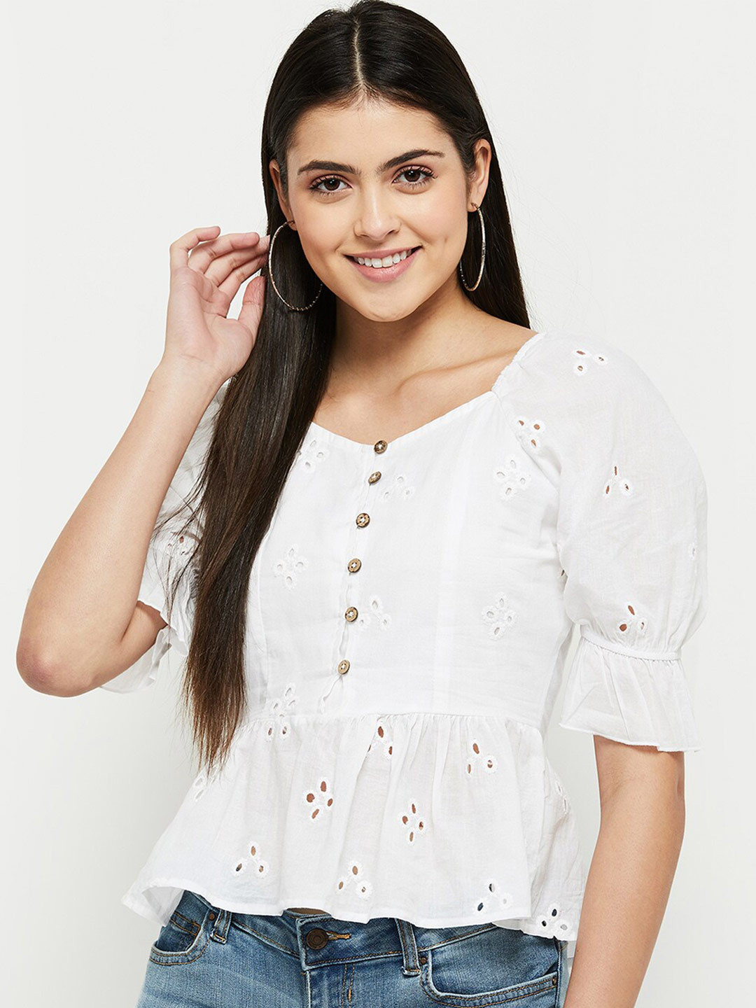 

max Cream-Coloured Embellished Peplum Top